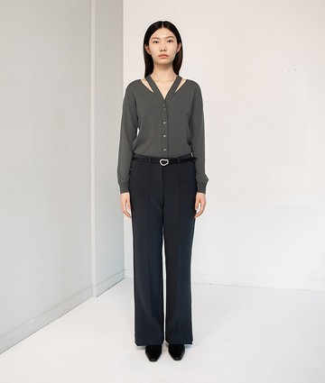 肩鏤空針織開襟衫/ 深灰