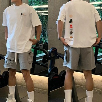 【重磅純棉】美式短袖T恤露營戶外風休閒夏季寬鬆透氣衣  特色個性印花純棉T恤 白色短袖T恤 前後印花圓領短袖上衣 港風