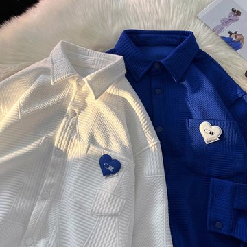 壓花襯衫男長袖高級感愛心貼標外套ins潮牌大碼oversize情侶襯衣