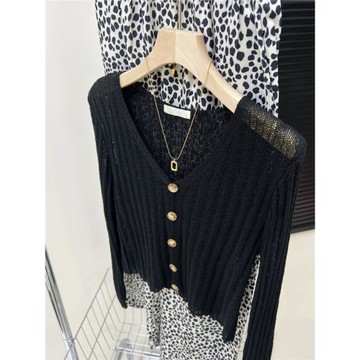 冰絲防曬罩衫黑色針織開衫女夏季薄款高級感配裙子外搭v領空調衫