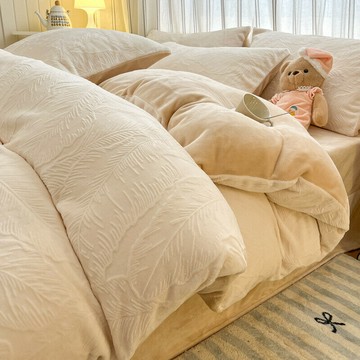 韓係簡約鵰花牛奶絨床上四件套 加厚保暖珊瑚絨床單被套床笠三件套 學生宿捨出租屋公寓床上用品親膚水洗棉 雙人被套 單人被單