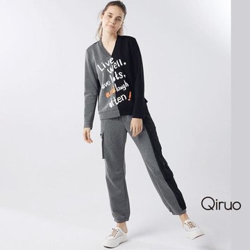 【Qiruo 奇若】秋冬黑灰長袖休閒套裝0411AC 棉T+長褲 休閒套裝