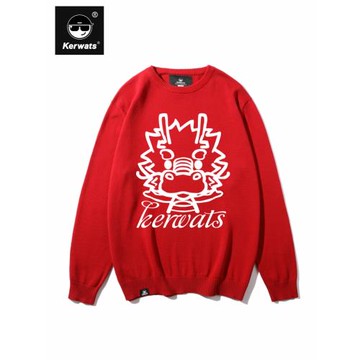 KERWATS龍本命年龍圖案印花大碼男女情侶無性別中國風紅色毛衣