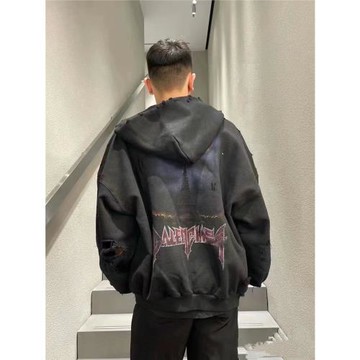 秋冬新款潮牌扎染印花字母鐵塔做舊連帽衛衣男女情侶寬松破洞外套