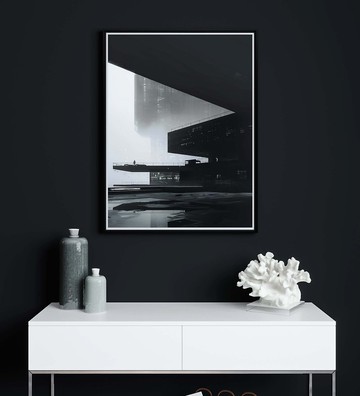 迷霧城市1/黑白冷靜藝術微噴畫/未來都市剪影/客廳辦公室現代掛畫