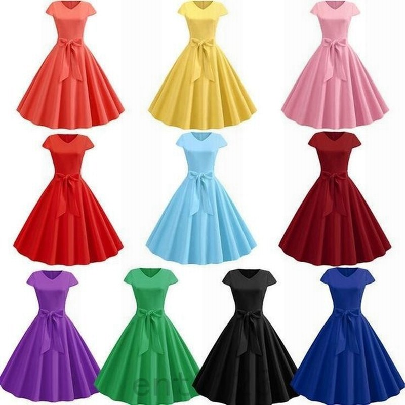 半袖フレアワンピース レディース Vネック ダンスドレス カラバリワンピース コスチューム 忘年会 ダンス衣装 柄なし 舞台ステージ衣装 団体服 赤 青 黒 10色 通販 Lineポイント最大get Lineショッピング