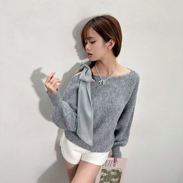 肩綁蝴蝶結寬鬆毛衣-灰【KT224787】