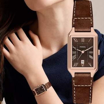 FOSSIL Raquel 羅馬方形皮帶女錶-玫瑰金x棕色/23x31mm ES5503
