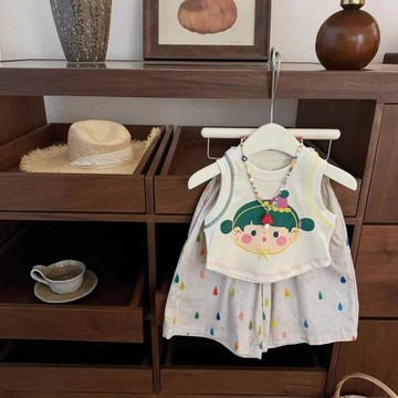 🎀biubiu童裝🎀夏季兩件套韓系女童寶寶度假卡通背心小雨點新款筒褲套裝甜品