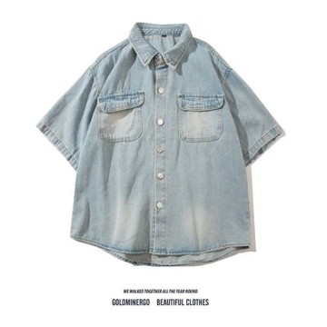 日系水洗做舊短袖牛仔襯衫男女夏季潮牌寬松休閑情侶工裝襯衣外套
