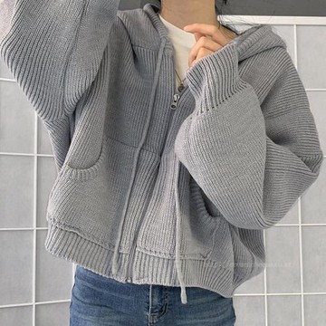 韓國chic復古慵懶風連帽大口袋寬松休閑長袖針織開衫毛衣外套女