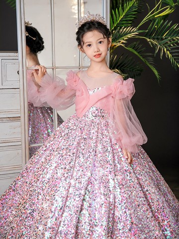 2024新款女童禮服裙長袖粉色兒童主持人禮服模特走秀高端秋冬季