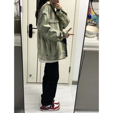 大碼黃泥染chic牛仔外套女2025新款街頭美式復古做舊寬松夾克上衣