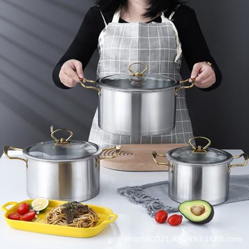加厚不銹鋼三件套鍋具套裝批發廚房家用湯鍋奶鍋直角金色炊具套鍋