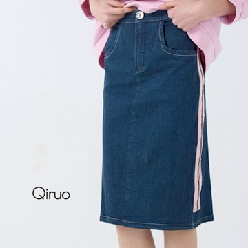 Qiruo 奇若春夏專櫃藍色牛仔裙1819B粉色寬線條