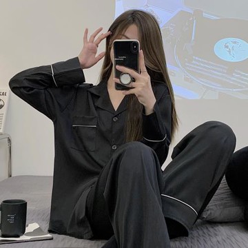 冰絲睡衣女士新款2023年春秋冬季長袖外穿簡約純色學生家居服套裝