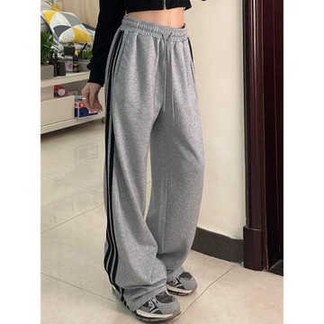 灰色三條杠運動褲女春秋季高腰直筒闊腿褲小個子休閑寬松條紋衛褲