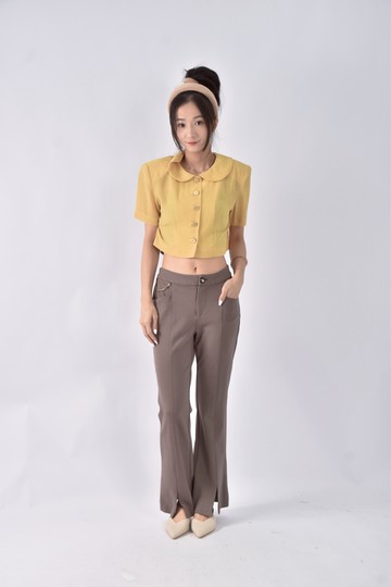 (S) 修身短版雪紡墊肩透膚黃色短袖上衣