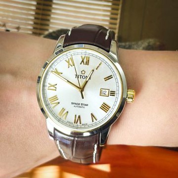 (福利品)TITONI瑞士梅花錶 天星系列(83538 SY-ST-561)-銀+金/皮帶/40mm(錶帶皺褶破皮,皮帶扣刮傷)