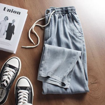 質感輕柔！夏季新品男士絲滑舒適薄款松緊腰抽繩休閑天絲牛仔褲潮