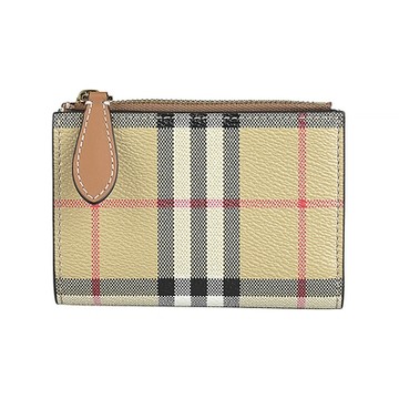 BURBERRY 巴寶莉 內皮革金字LOGO復古格紋PVC 6卡按釦對開短夾(小/典藏米)