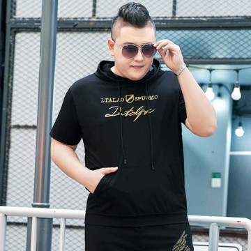 胖子男裝加肥加大碼帶帽套頭短袖t恤肥佬潮流特大號體恤胖人衛衣