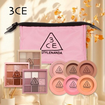 【3CE】經典九宮格眼影盤+單色腮紅+玫瑰粉化妝包套禮