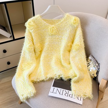 VIVILIAN甜美粉立體玫瑰花軟糯針織上衣