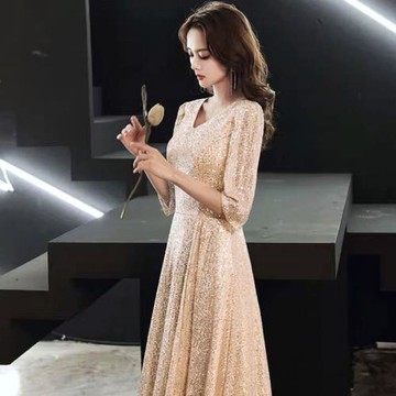 宴會晚禮服2025新款V領高端大氣主持人年會亮片優雅長款平時可穿