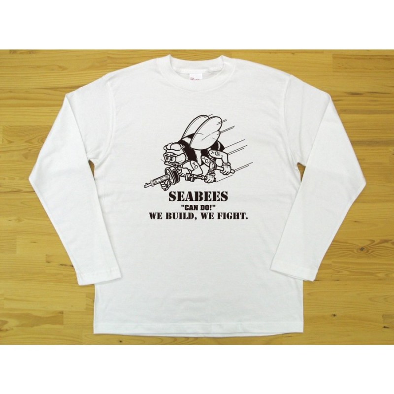 SEABEES 白 長袖Tシャツ 黒色プリント ミリタリー シービーズ U.S.