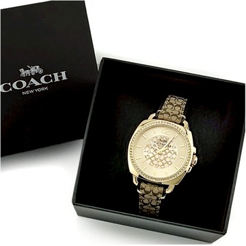 COACH  Boyfriend 經典LOGO緹花織布晶鑽腕錶34mm(金/桃心木咖色)
