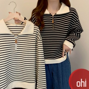 【ohi】美式條紋POLO領正肩衛衣 辦拉鍊長袖上衣 針織衫 修身打底衫 顯瘦上衣 韓版針織衫 女裝 GWD6021