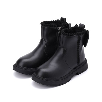 DOOK 滾邊小毛球後蝴蝶結靴 黑 中大童鞋