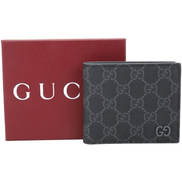 GUCCI 古馳  GG Supreme 老花帆布對折短夾(深灰色)