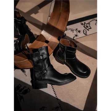 香港2025新款英倫風復古騎士靴短靴女粗跟西部牛仔機車靴馬丁靴子