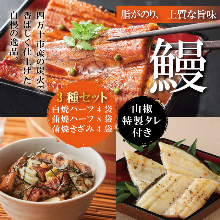 R5-365．＜四万十食品＞うなぎ蒲焼　ハーフ８袋＋きざみ４袋＋白焼ハーフ４袋／Ｆ