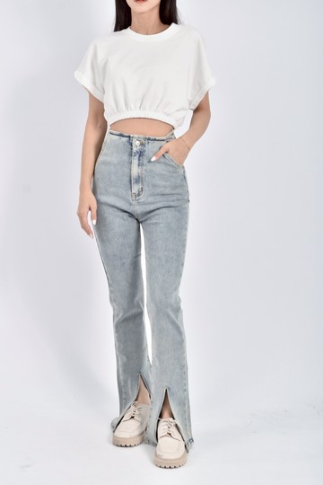 (S) yuyu高腰丹寧牛仔質感刷色淺藍色長褲