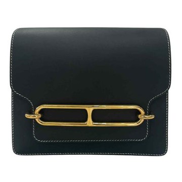 二手品 HERMES Roulis 白車線金釦 豬鼻斜肩背包 黑色