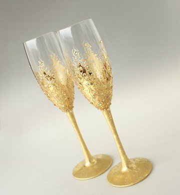 金色婚禮香檳杯，手繪，2 件套