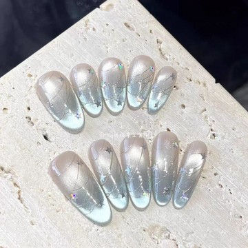 ✨限時特惠✨【白月梵星】藍色綿密貓眼美甲中長款高級感顯白純手工穿戴甲新款