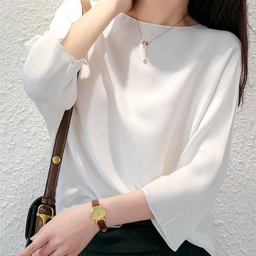 BRIGA WL2102設計師新款桑蠶絲緞面上衣半袖寬鬆七分中袖t恤