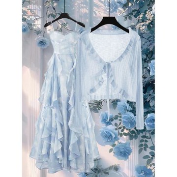 夏季穿搭一整套防曬冰絲針織開衫配氣質顯瘦法式吊帶連衣裙兩件套