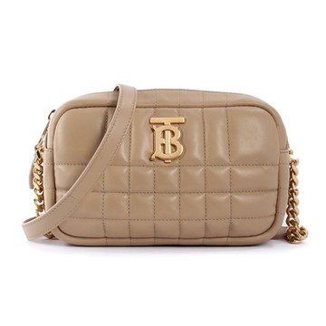 BURBERRY 巴寶莉  TB金屬標誌 Lola绗缝羔羊皮迷你款斜背相機包-奶茶色