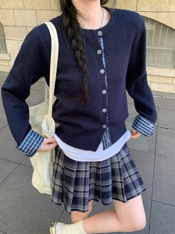 【missy shop】落山風幽拼接格紋假兩件針織上衣外套-89456