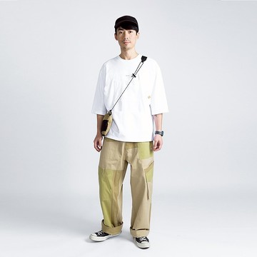 (絕版特惠)SUPIMA棉戶外多口袋七分袖圓領T恤 白色 山系 拼接寬松