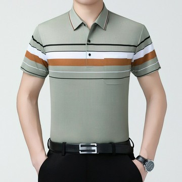 2025夏新款男士冰絲短袖t恤衫休閑時尚豎紋商務翻領桑蠶絲上衣男鑫弘-衣錦男裝