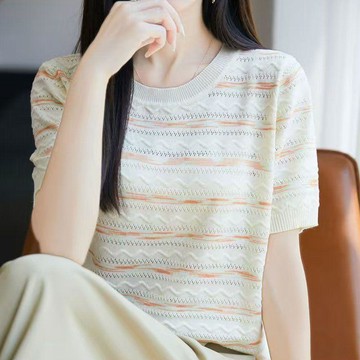 冰絲上衣 針織短袖 25夏季新款圓領條紋針織短袖女寬鬆顯瘦洋氣休閒百搭上衣女T恤