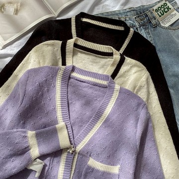 撞色長袖開衫針織毛衣女早秋新款流行小香風針織衫上衣洋氣