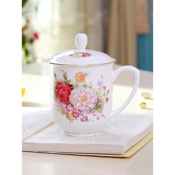唐山骨瓷杯子歐式陶瓷茶杯帶蓋女辦公室水杯大號牡丹花結婚泡茶杯