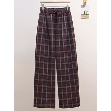 紐芮酒紅色格子闊腿褲女秋新款高腰顯瘦慵懶風休閑百搭寬松拖地褲